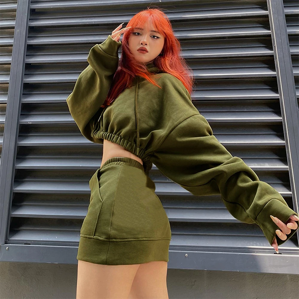 Fashion Military Green 2piece Set Women Street Trend Cool Spicy Girl Short Hooded Pullover+Elastic Short Skirt Women Clothing