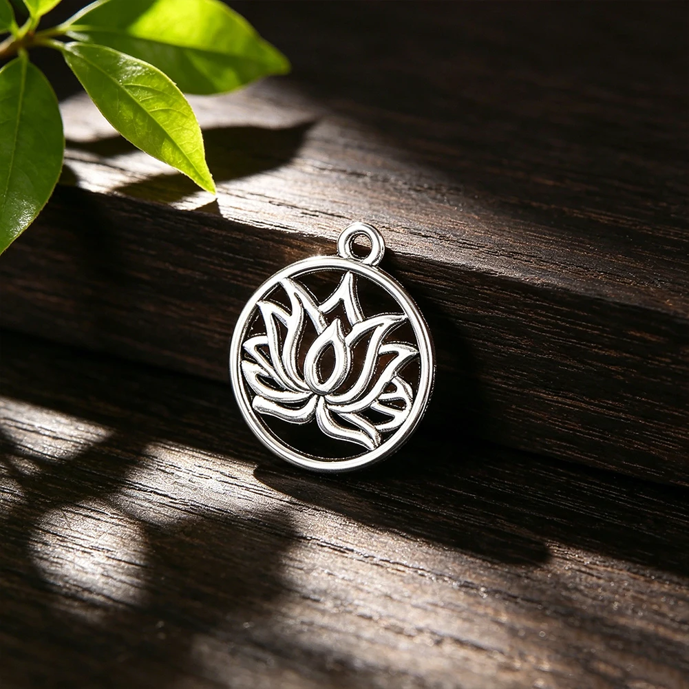10pcs 18mm Hollow Lotus Flower Charms Round Metal Alloy Pendant with Loop for DIY Yoga Bracelet Earring Jewelry Making Finding