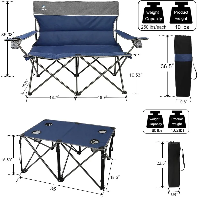 Camping Chair 4 Piece Set, Outdoor Folding Camping Chair with Table, Heavy Duty Lawn Chair with Cup Holder