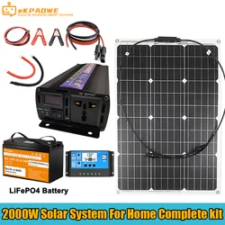 Solar System For Home Complete Kit 2000w 2KW 110v 220V Battery Pure Sine Wave Hybrid Inverter Off Grid Caravan Car Camping RV