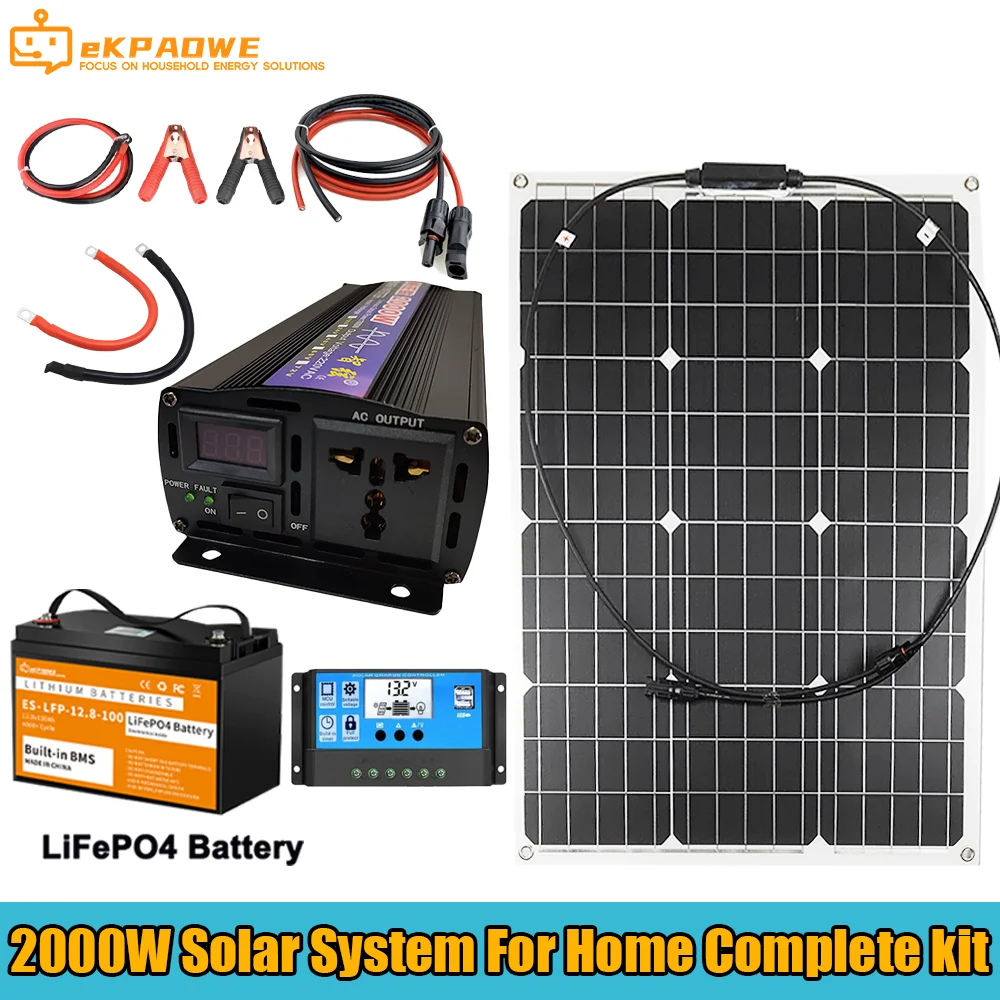 kit completo do sistema solar para casa 2000w 2kw 110v 220v bateria onda senoidal pura inversor hibrido off grid caravan camping rv 01