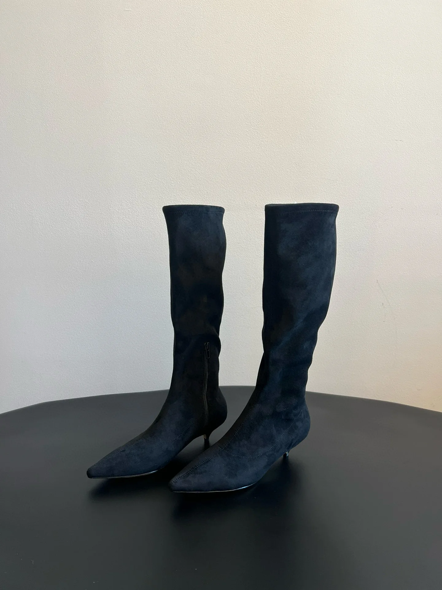 

Women's Kitten Heel Knee-High Boots Pointed Toe Side Zipper Stretchy Fabric Upper Sheepskin Lining Leather Daily Wear Matches