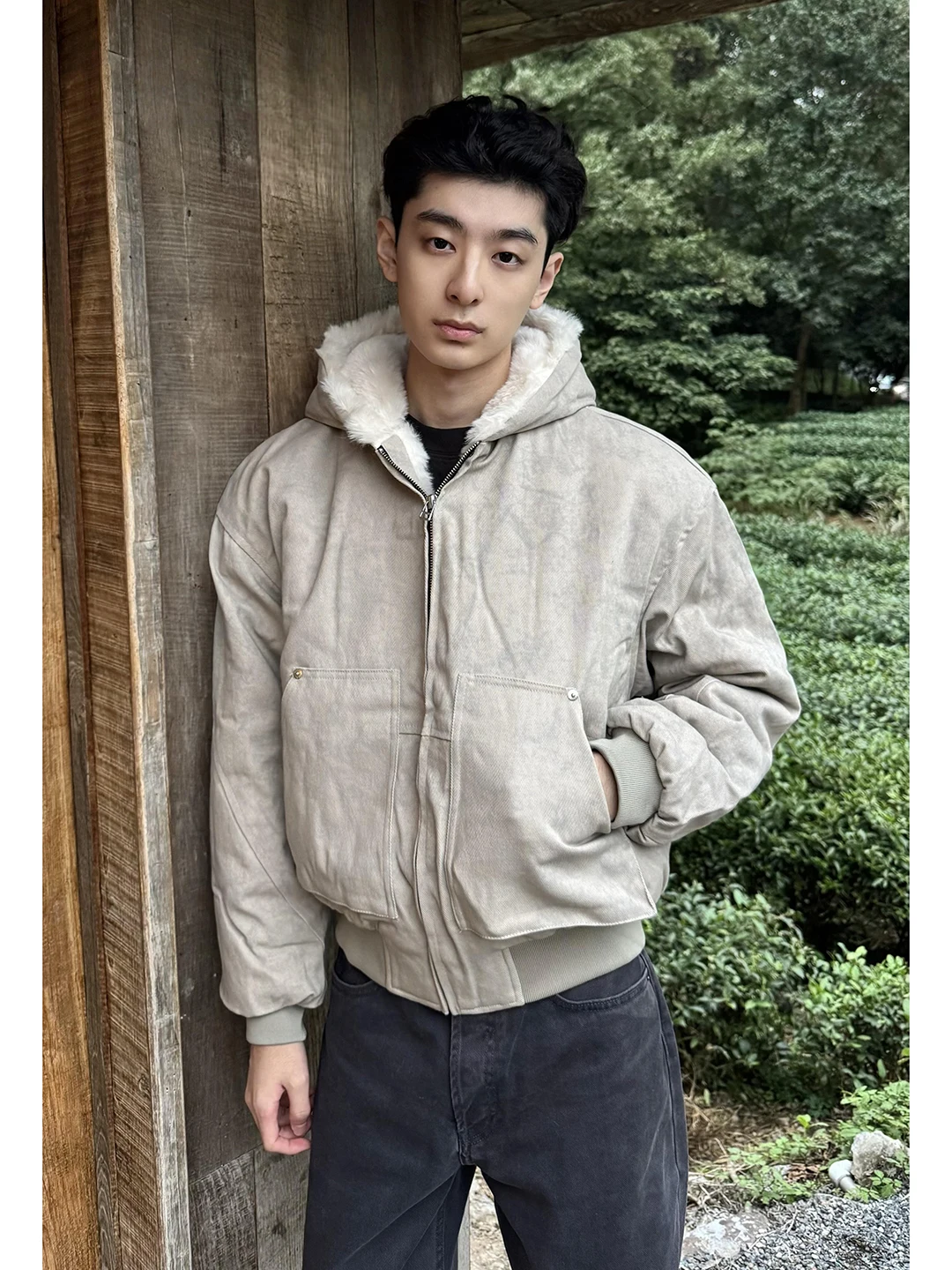 

Khaki Hooded Cotton Jaet Men's Thiened Fce Lined ort Sle Warm Casual Outerwear Zipper Closure Color Coat