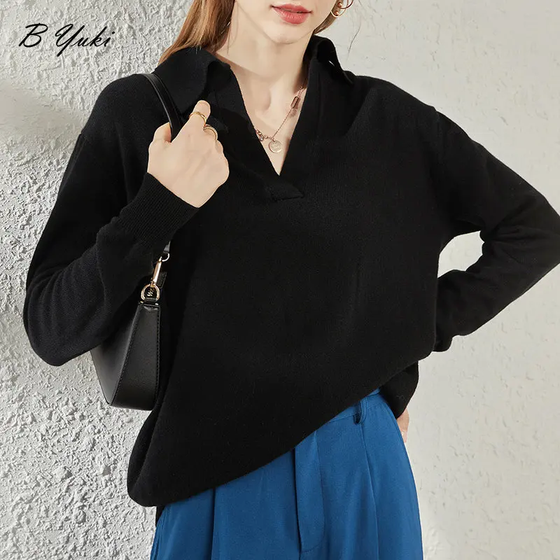 Blessyuki Vintage Polo Collar Knitted Sweater Women 2023 New Autumn Thin Simple Loose V-neck Pullover Female Casual Soft Jumper