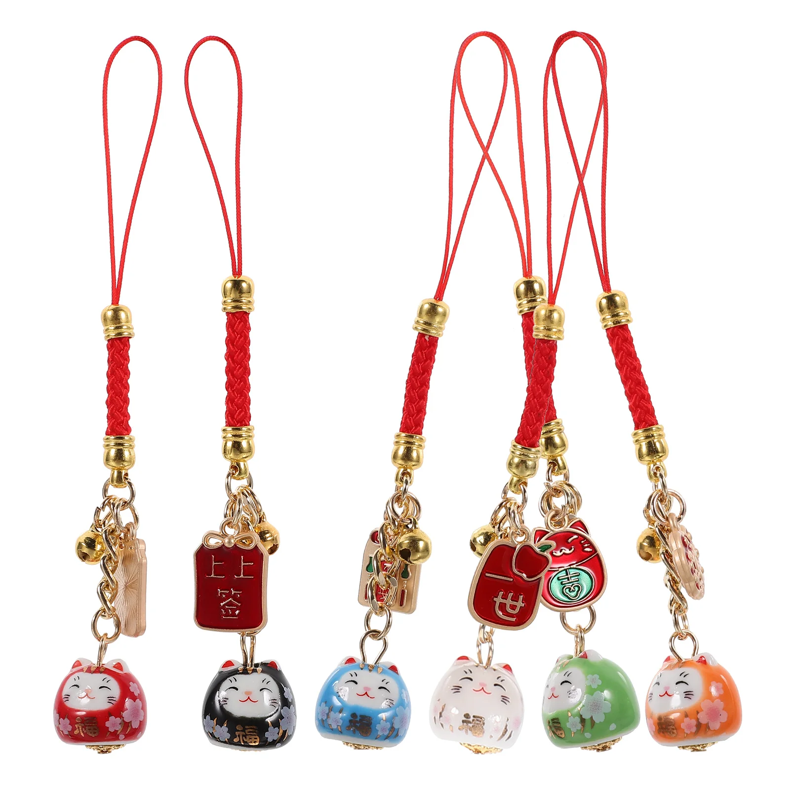 

6pcs Charm Keychains Ceramic Japanese Cat Decor Zinc Alloy Red Rope Cats Bag Phone Car Hanging Accessories