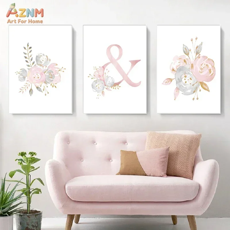 AZNM Pink Floral Initial Letter Canvas Wall Art Watercolor Flower Monogram Print Unframed Canvas Painting Girls Nursery Decor