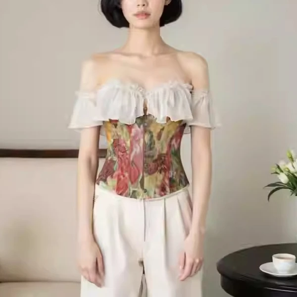 

Корсетные топы в стиле Ренессанс с цветочным принтом, женские готические винтажные бюстье с оборками на рукавах, сексуальный модный корсет на шнуровке