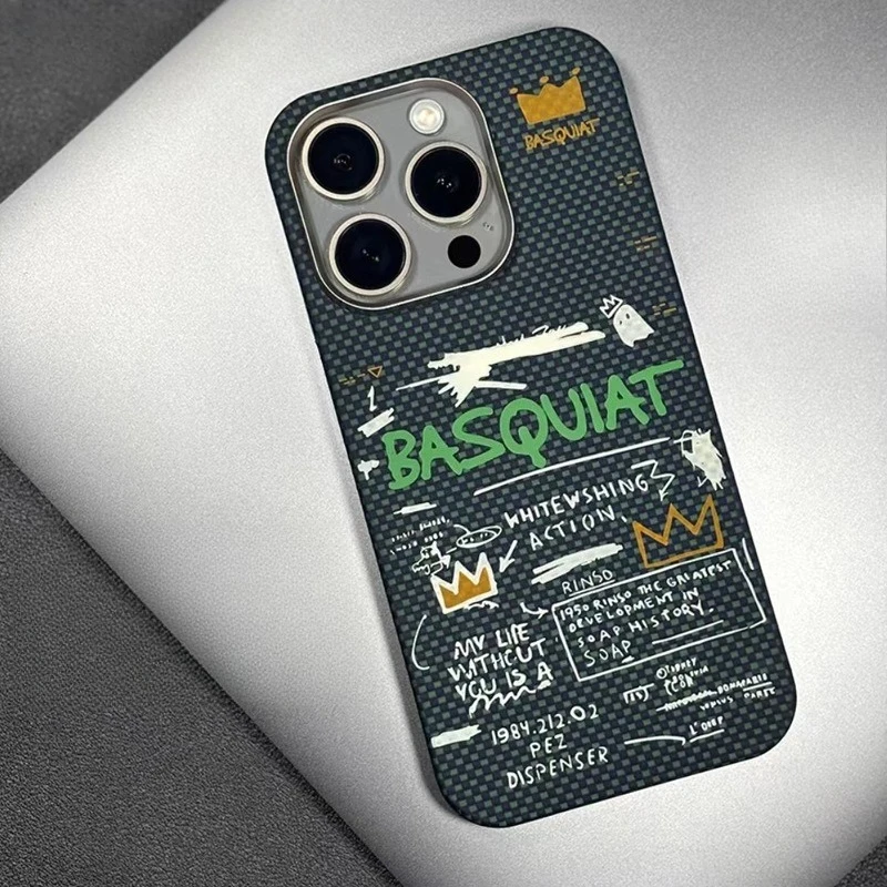 

For IPhone 13 14 15 16 Pro ProMax Magnetic Phone Case Metal Lens Ring Greenish Fluorescent Light Carbon Fiber Kevlar Graffiti