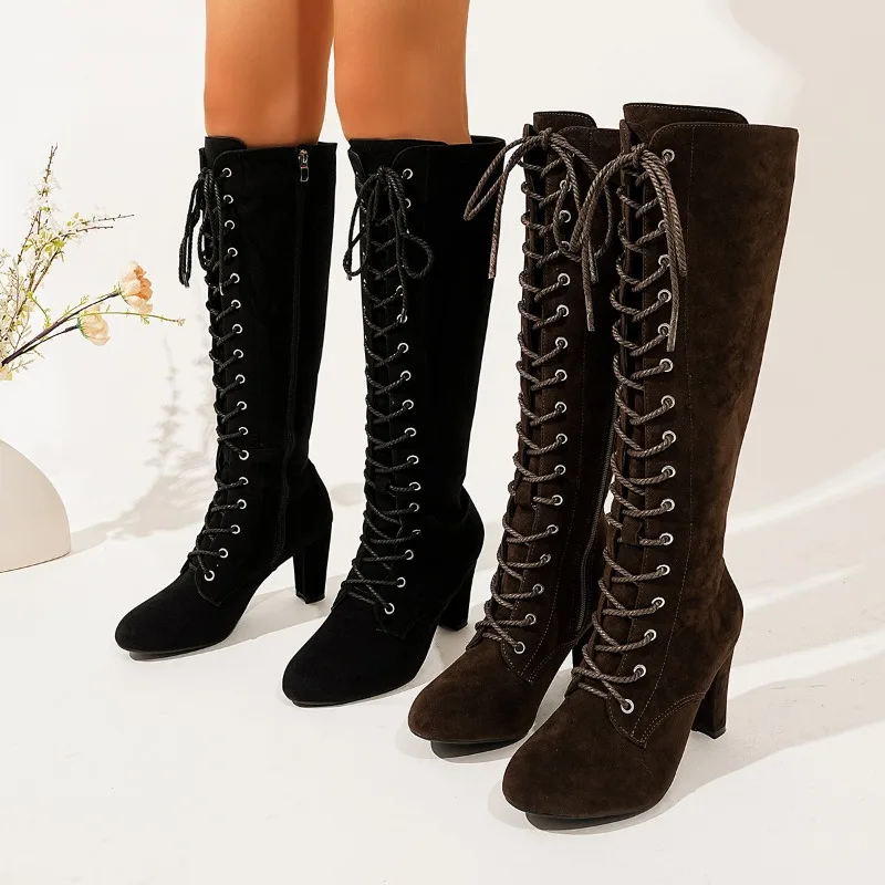 

High Heel Thigh Boots 2025 Round Toe Side Zipper Lace-Up Anti-Slip Wear-Resistant Tall Boots