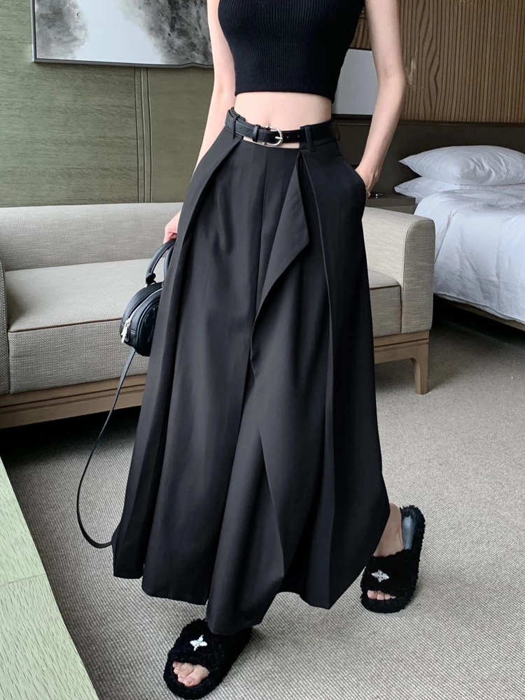 ผู้หญิงสีดํา A-Line กระโปรงจีบ Vintage Y2k กระโปรงยาว 90s Aesthetic เกาหลี Elegant Preppy สไตล์กระโปรง 2000s เสื้อผ้าฤดูร้อน