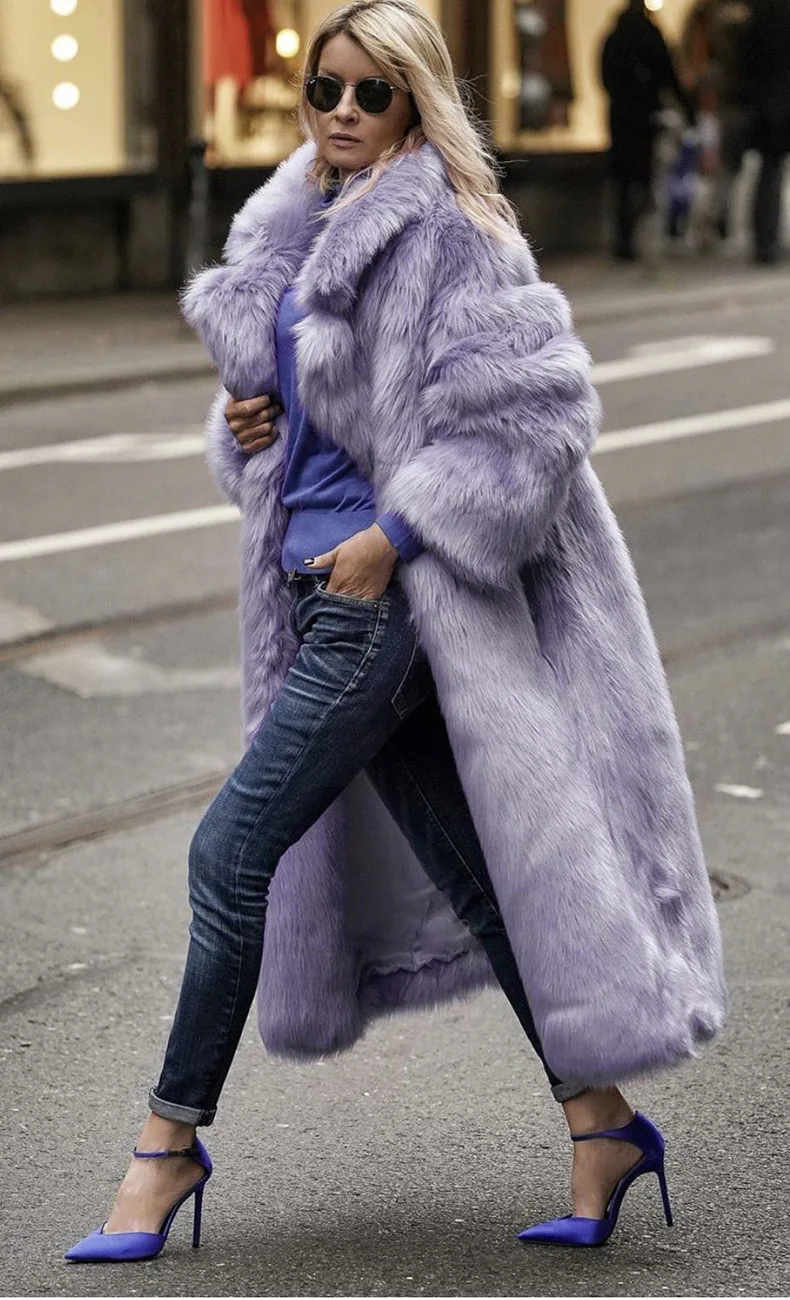 casaco de piel sintética de invierno de gran tamaño para mujer, chaqueta de piel larga con solapa holgada de lujo, abrigo de piel morado de peluche cálido para mujer, prendas de vestir exteriores