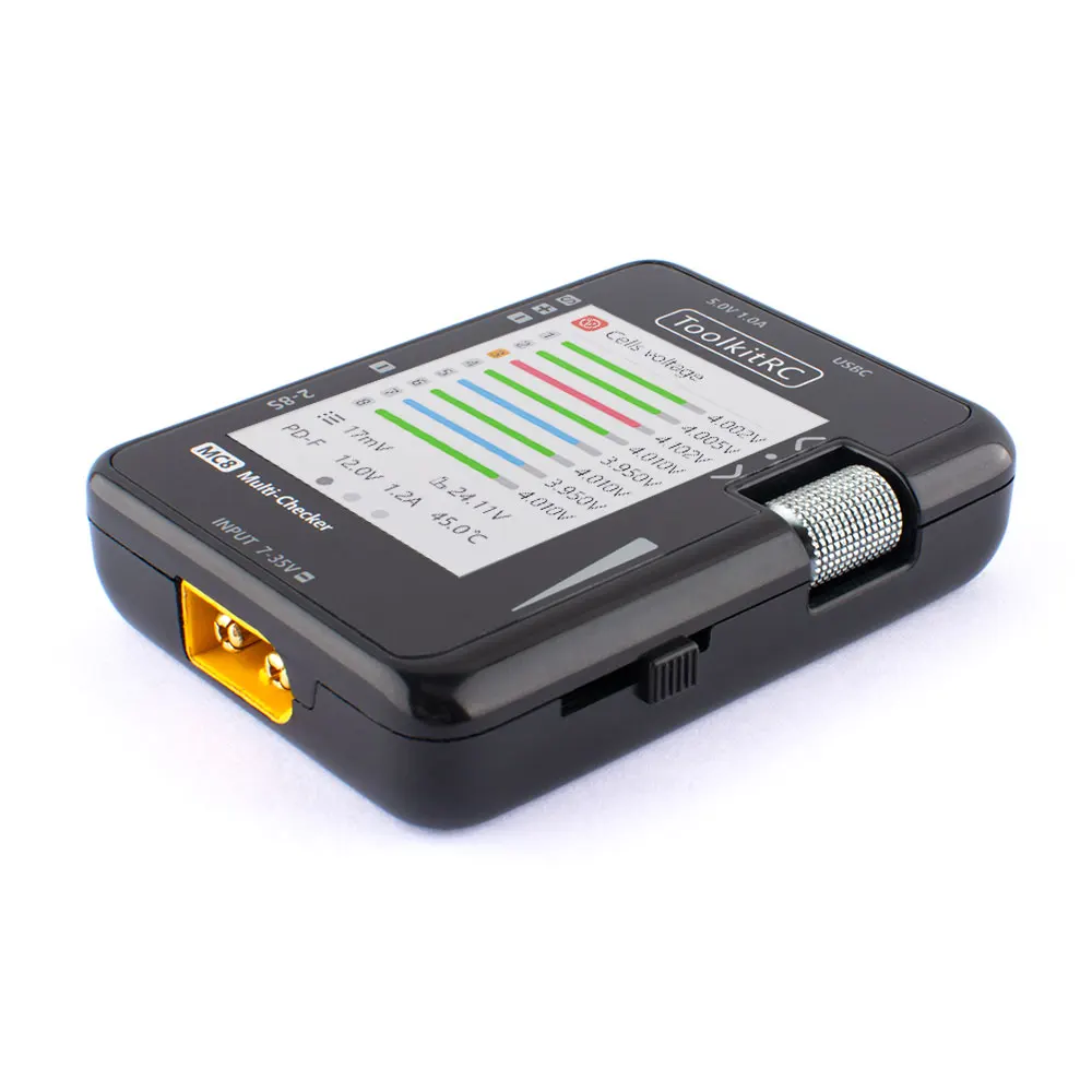 ToolkitRC MC8 Mini Size Cell Checker 32 Bit 2-8S Battery Multi-Checker PWM Output PPM SBUS Readout With USB-C Fast Charging