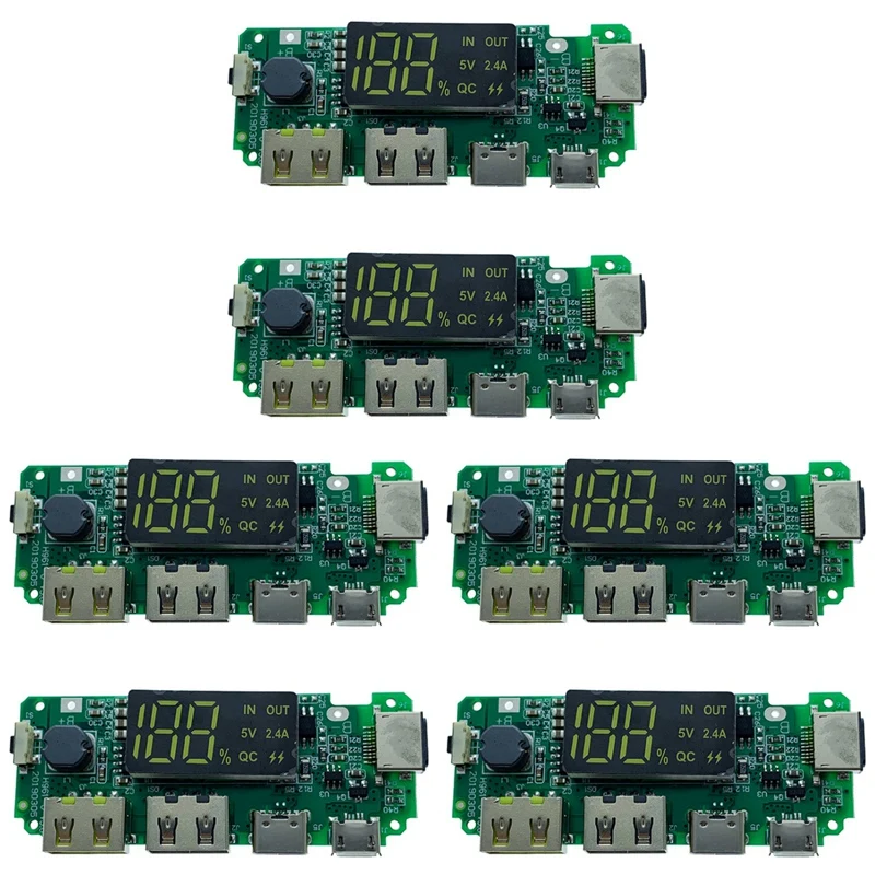 N75R-LED Dual USB 5V 2.4A Micro/Type-C USB Mobile Power Bank 18650 Charging Module Lithium Battery Charger Board 6Pcs