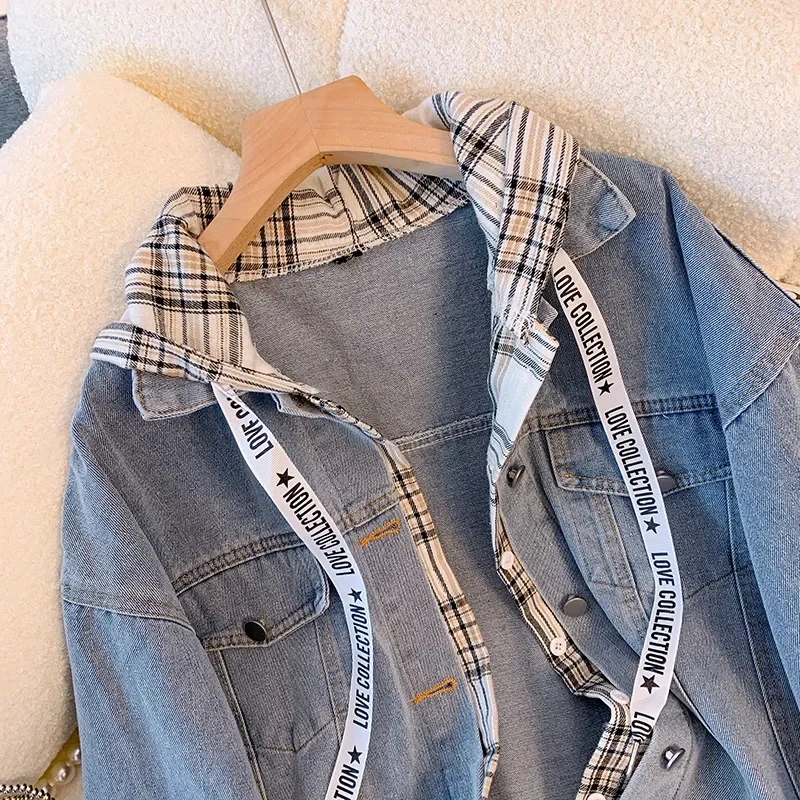 Casual Hooded Denim Jacket Women\'s Spring Autumn 2024 New Patchwork Female Loose Coat Student Fake Two-piece Jackets tops