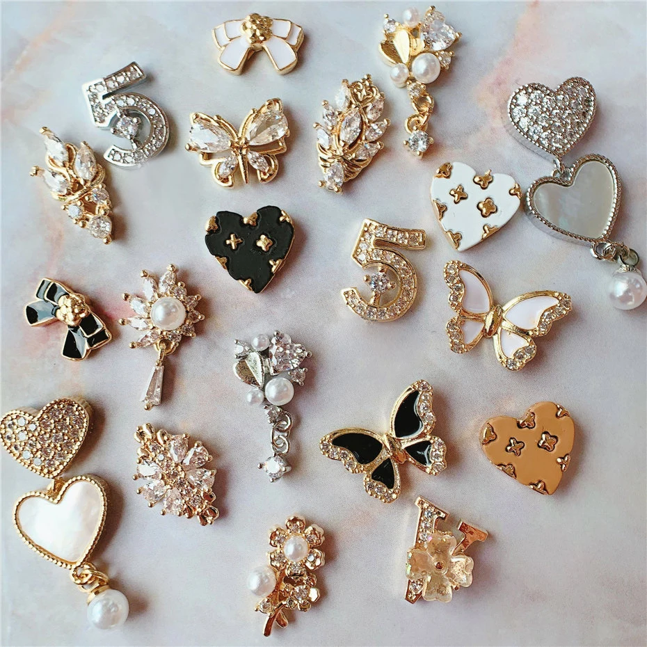10pcs Valentine's Day Butterfly Bow Flower Zircon Metal Nails Decorations Jewelry Charms Accessories for DIY Nail Art Supplies