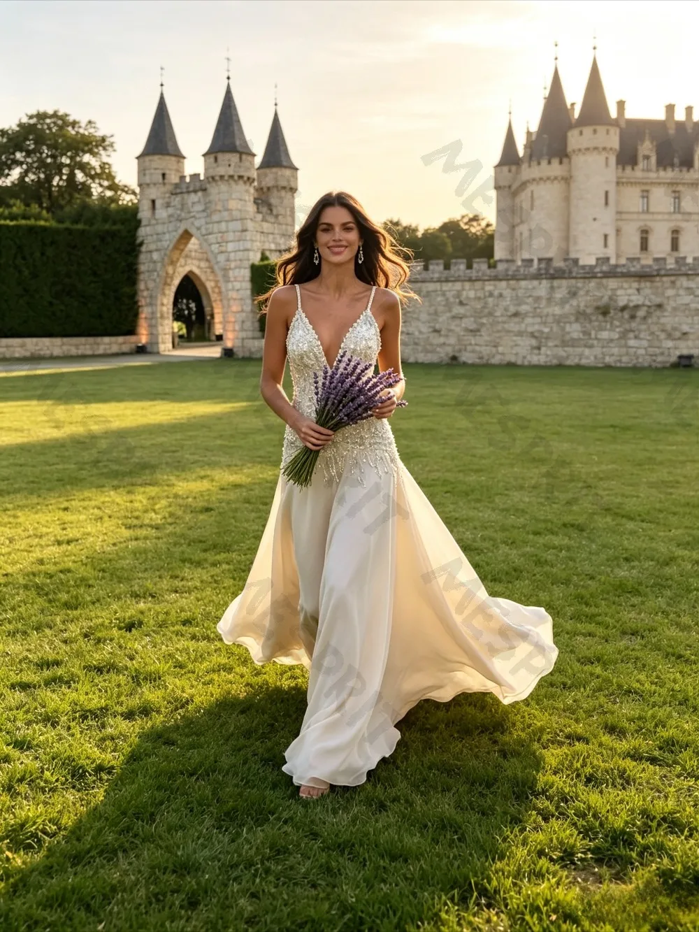 Customized Luxury Deep V-neck A-line Evening Gowns with Crystal Beaded Shoulder Straps Backless Tassel Satin Trailing Dresses