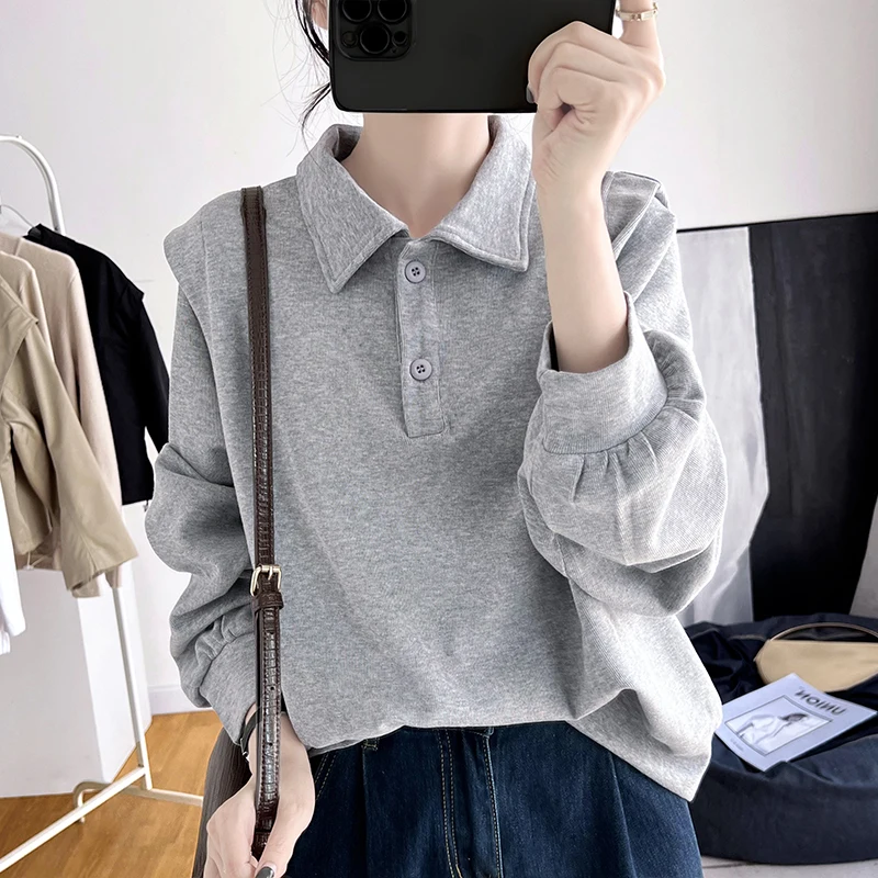 

Модный свободный свитшот с отложным воротником в корейском ретро-стиле для женщин, осенняя коллекция