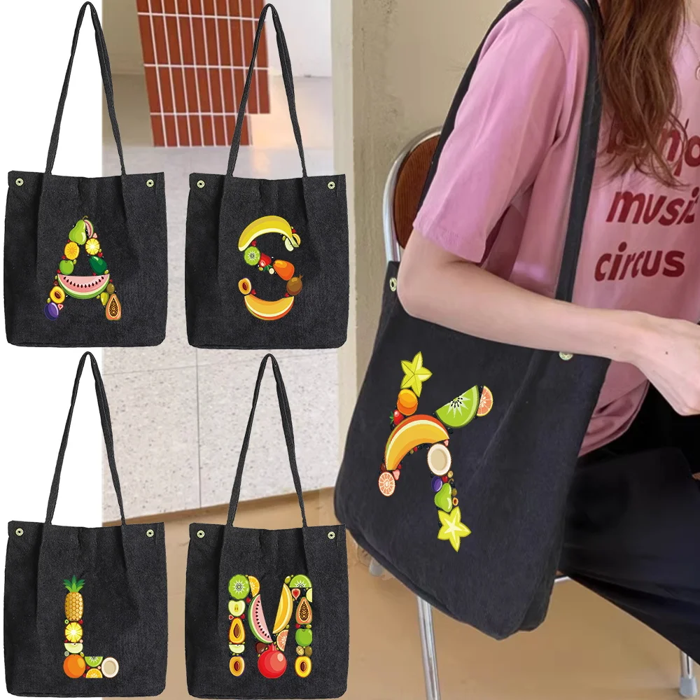

2025 Women's Corduroy Shoulder Bag Fashion Handbag Reusable Shopping Bag Casual Women's Handbag Fruit Printing Series