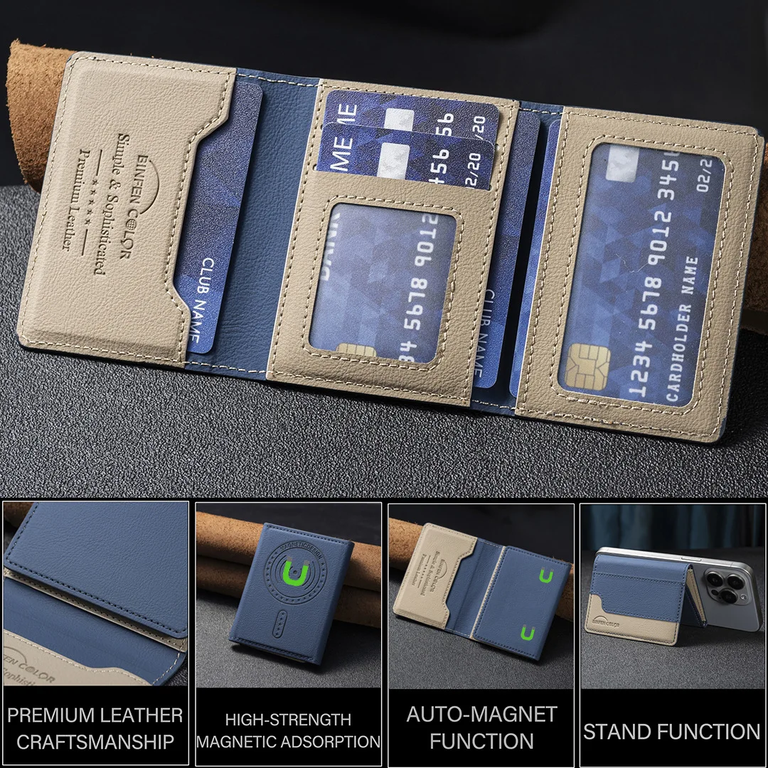 Geeignet für iPhone 16 Dreifach Faltbare Magnetische Brieftasche Kartenhalter, Magnetische Brieftasche mit Rückseitiger Saugnapf-Halterung Universelle Handy-Kartentasche – Detail 2