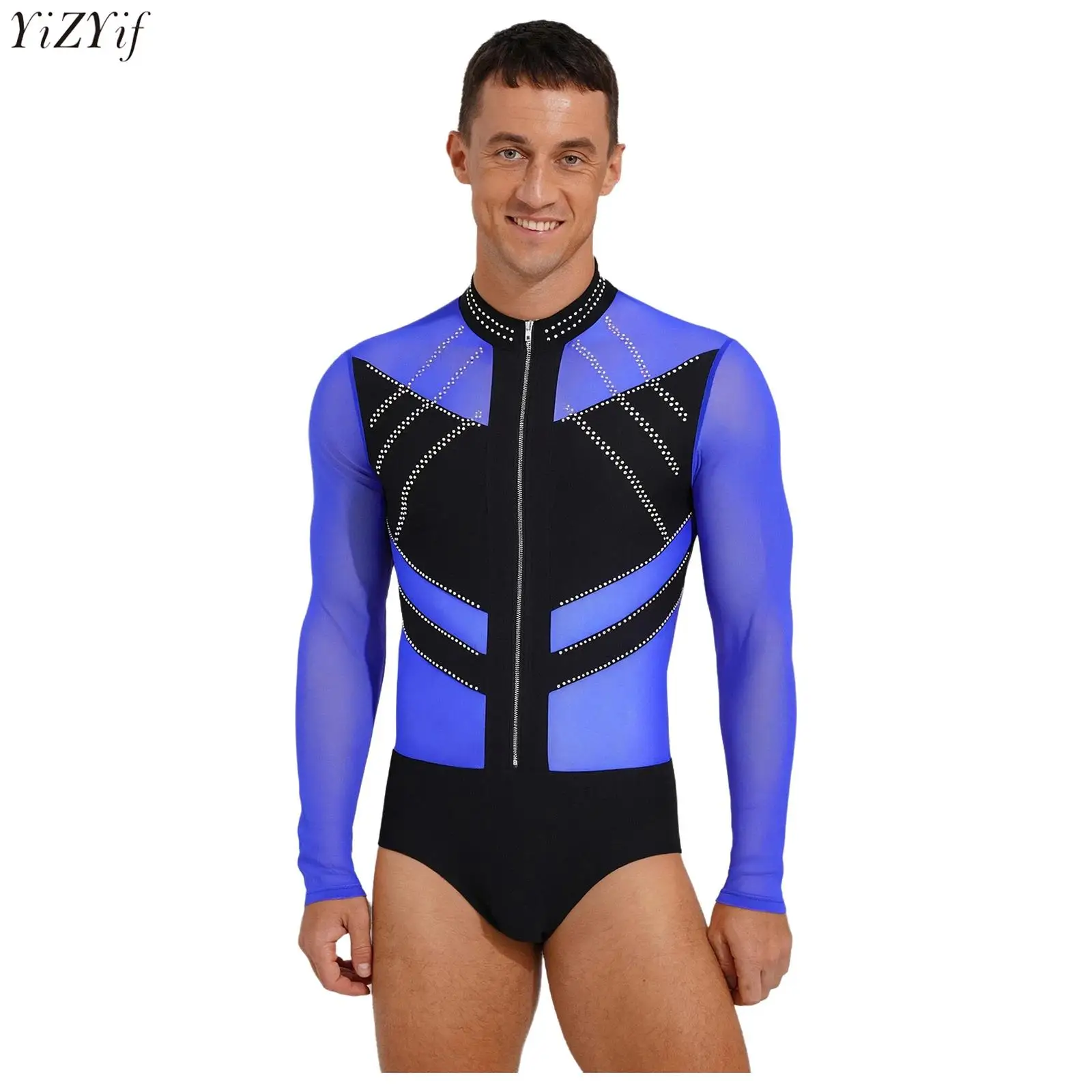

Mens Gymnastic Figure Skating Dance Bodysuit Sheer Mesh Contrast Color Long Sleeve Open Crotch Leotard for Latin Dance Costume