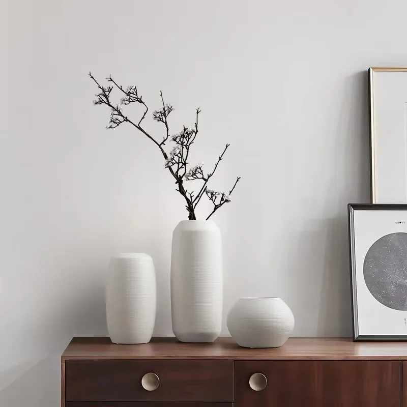 Assorted Contoured Bloom Vessel Set Uniform Horizontal Fine Groove Matte Pale Tone Tabletop Dried Branch Floral Display Decor