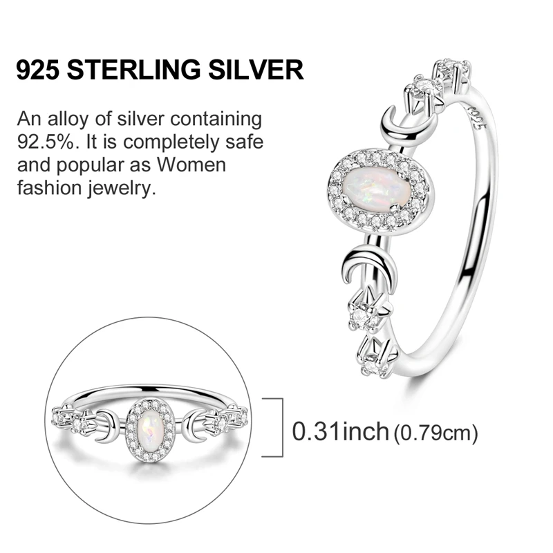 Retro 925 Sterling Silver Double layered Wave Set Stone Wide Ring&Sparkling Star Moon Opal Ring Couple Experience Gift Jewelry