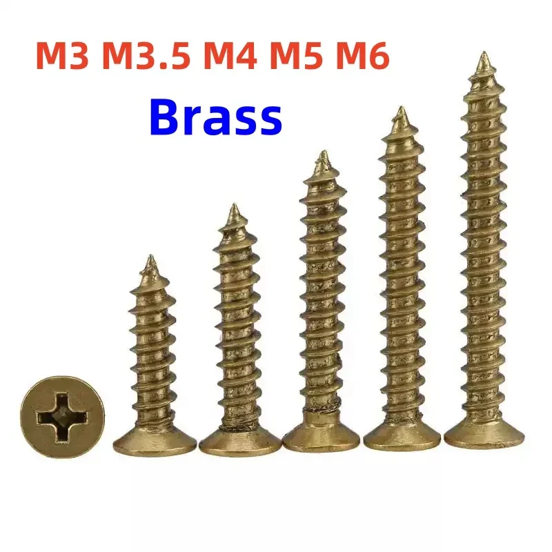 M3 M3.5 M4 M5 M6 Brass Cross Countersunk Head Self-tapping Screw Metric Thread Brass Golden Screws Wood Screws Length: 6-50 mm