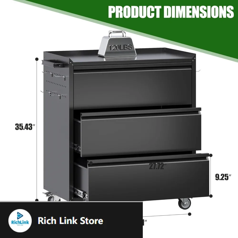 

Metal Storage Cabinet with 3 Drawer and 4 Hooks,35.4" H Top Workbench Mobile Tool Chests Garage Cabinets with 4 Wheels,Tool Cabi