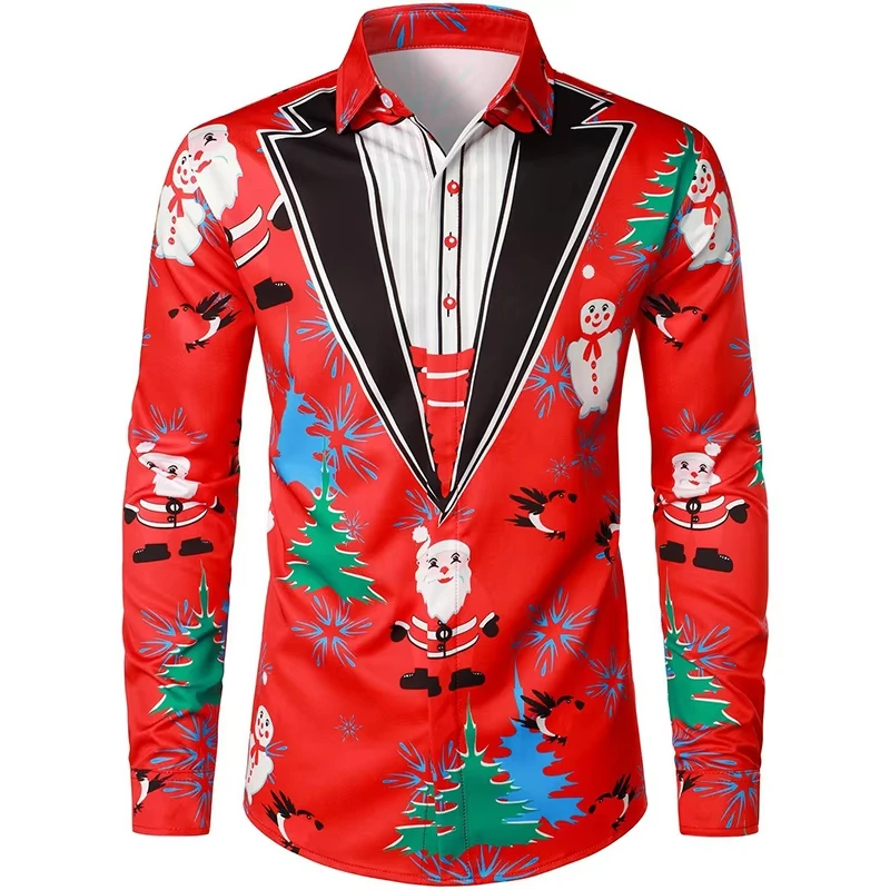 2025 Men's Fashion Retro Santa 3D Print Shirt Long Sleeve Y2K Style Vintage Christmas Party Wear Comfort Fit