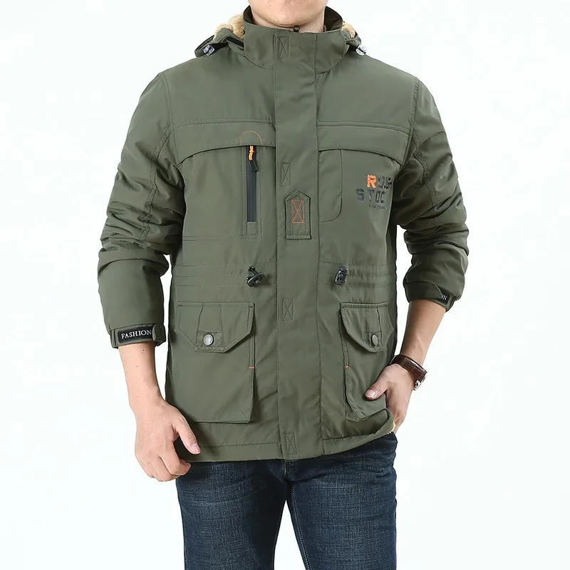 Men Military Jackets Outdoor Multi Pockets Hooded Coats Winter Warm Parkas Fleece Down Jackets New Male Casual Jackets Clothing