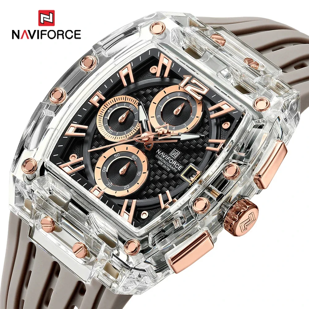 NAVIFORCE męski zegarek NF7105 nowy przezroczysty Tonneau wodoodporny pasek silikonowy sportowe zegarki kwarcowe na zewnątrz dla mężczyzn Reloj