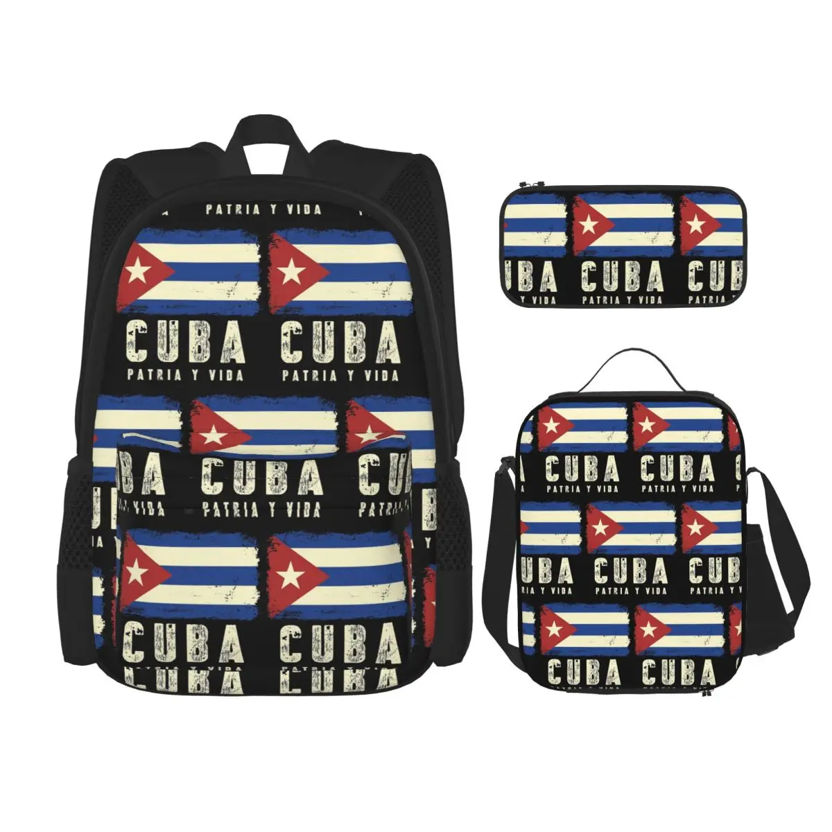 Flag Of Cuba Cuban Patriotic Backpacks Students Bookbag School Bags Rucksack Lunch Bag Pen Bag Three-Piece Set