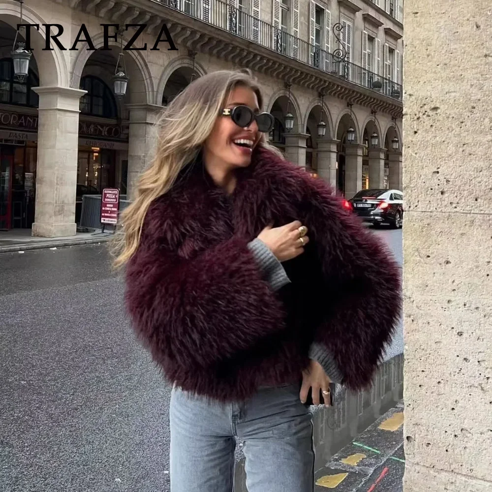 TRAFZA 2024 Autumn Winter Women Casual Faux Fur Jackets Fashion Streetwear Solid Turn Down Collar Warm Oversized Thick Coats