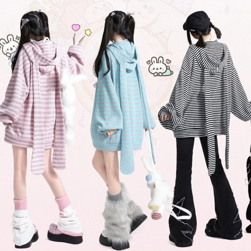 

Женский вязаный полосатый свитер на молнии с капюшоном и заячьими ушками — свободный кардиган с милым полосатым узором | Осенняя повседневная верхняя одежда