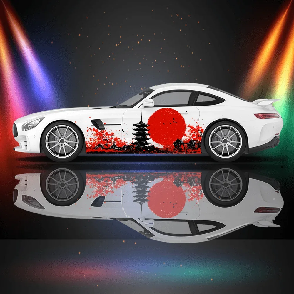 

Pagoda Red Sun and Cherry Blossom Автомобильные виниловые наклейки Самоклеящаяся наклейка из ПВХ подходит для грузовиков SUV Декор Автоаксессуары