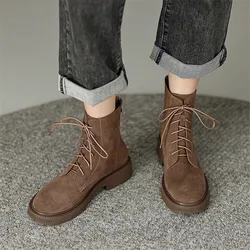 2023 Winter Women Boots Round Toe Leather Women Shoes Chunky Heels Cow Suede Short Boots Platform Genuine Leather Chelsea Boots