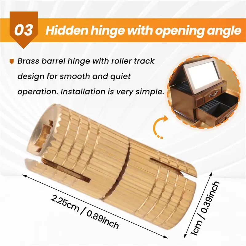 Beicai 8 Stück 10 mm Messing-Zylinderscharniere, 180 Grad Öffnungswinkel, verdeckte Möbelscharniere für DIY-Schmuckkästchen, Handarbeit - b61b – Detail 8
