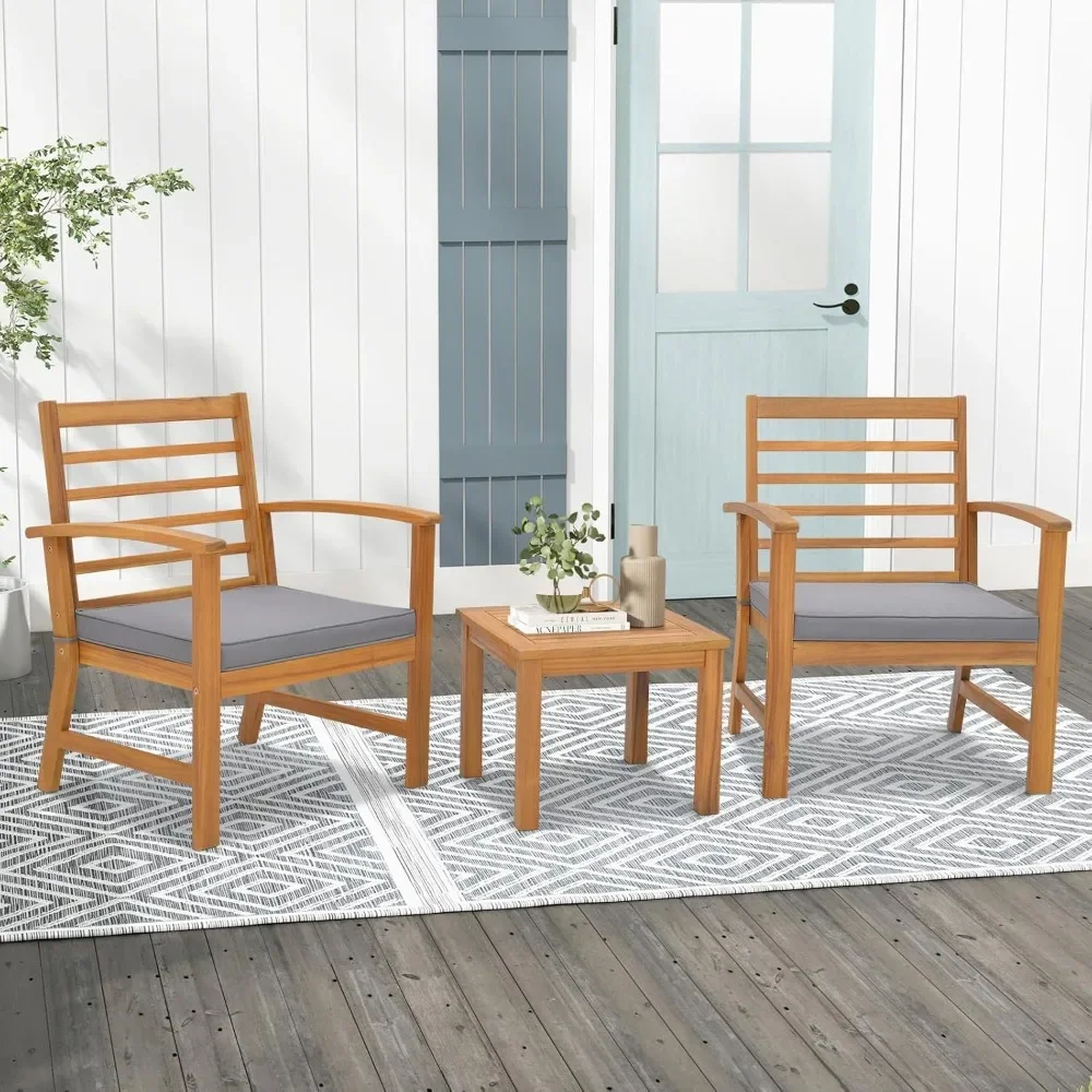 Juego de muebles de exterior de 3 piezas, juego de conversación de madera de acacia con cojines de asiento suaves, estructura estable de madera de acacia, sofá de patio