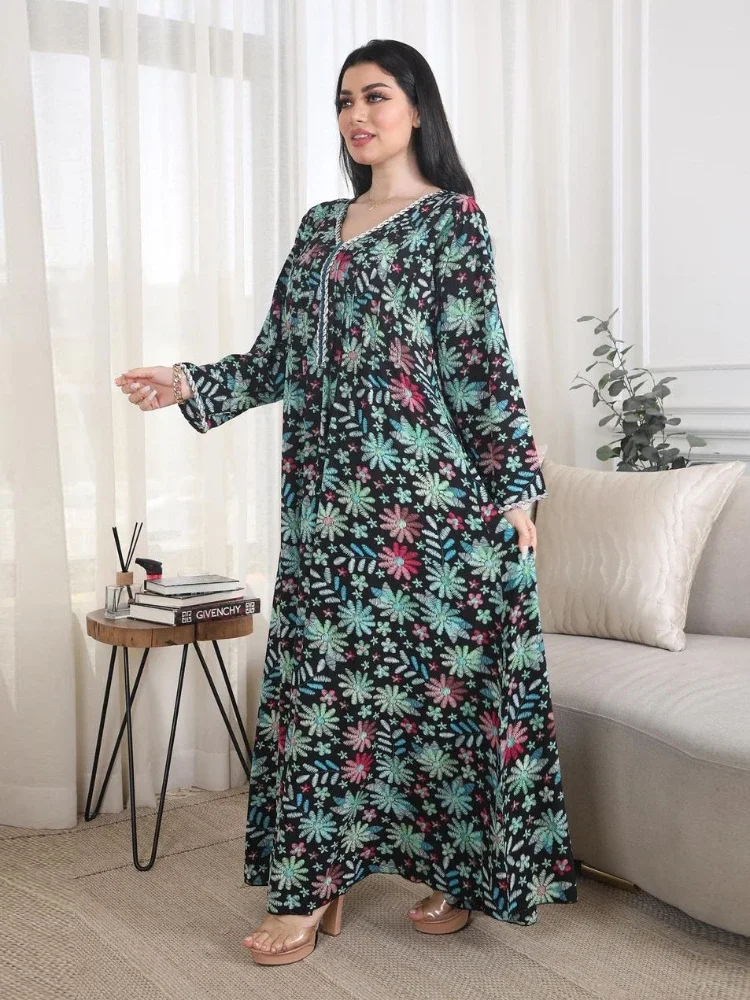 Vestido de Abaya musulmán Eid para mujer, estampado Floral, diamante, Jalabiya, Marruecos, Kaftan, Islam, túnica larga árabe, Dubai