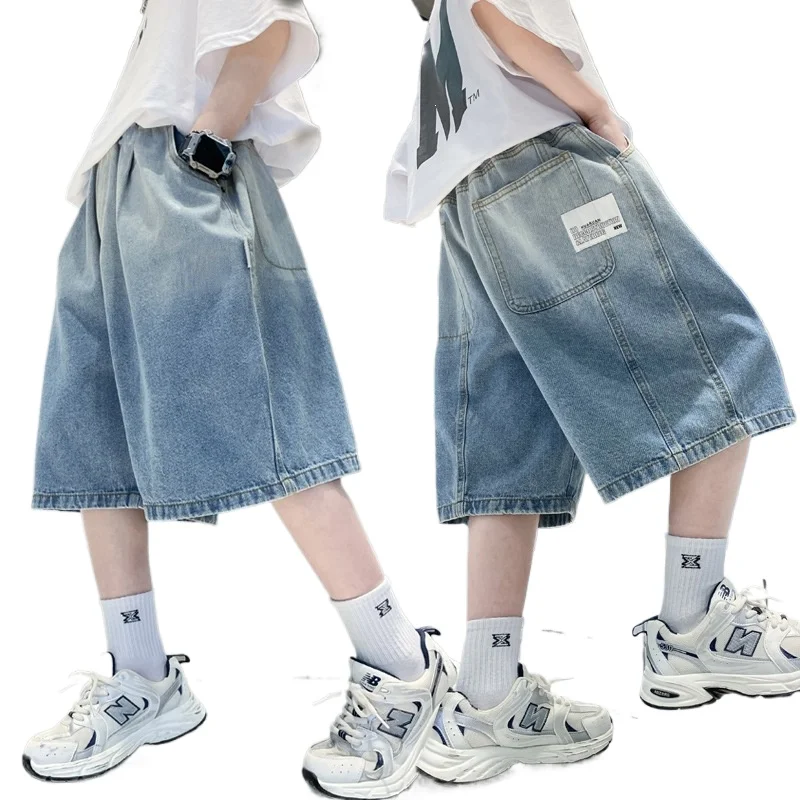 New Summer Children Loose Casual Gradient Blue Jean Shorts for Teenager Boys Baggy Denim Shorts Kids Street Knee Length Pants