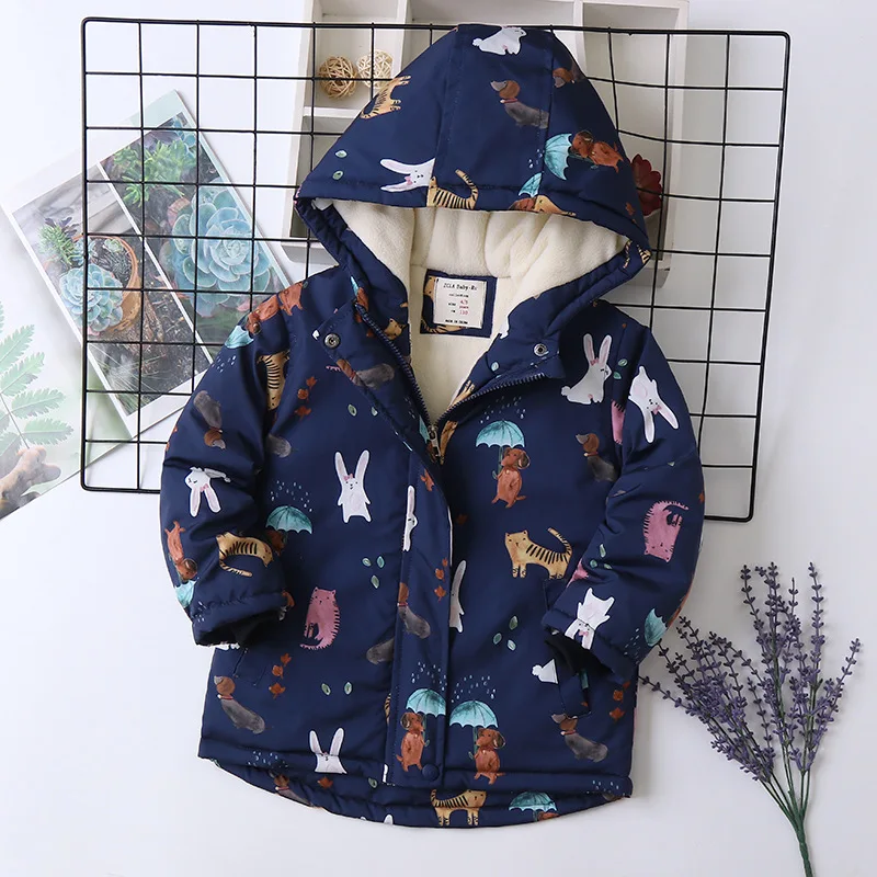 

Autumn Winter Girl Jacket Coat Cartoon Printed Waterproof Plus Velvet Warm Girl Outerwear 4-14 Year Kids Teenage Girl Parka