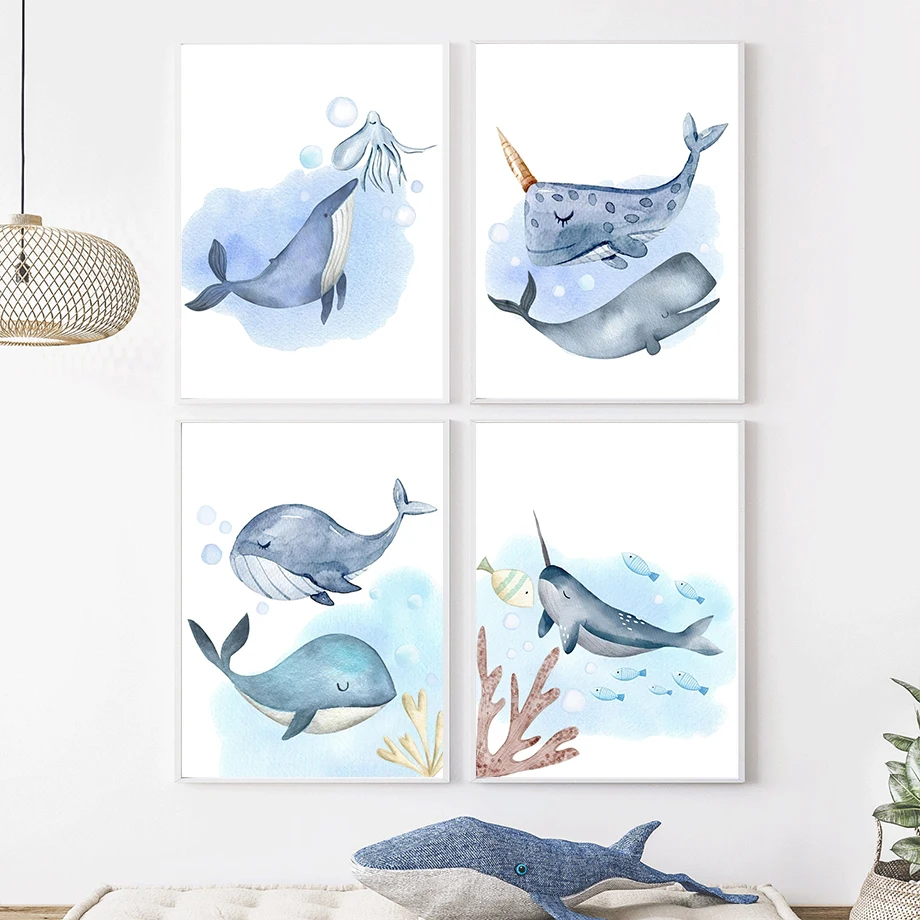 Cartoon Marine Animals Dolphins Sharks Whales Wall Art Canvas Painting Nordic Posters And Prints Pictures Baby Kids Room Decor