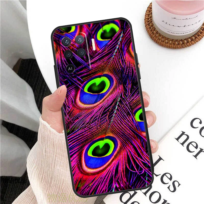 Чехол с павлиньими перьями для Oppo A18 A74 A57 A17 A77 A38 A58 A78 A98 A54 A94 A80 A60 A40 A96 A76 A16 A15 A5 Pro
