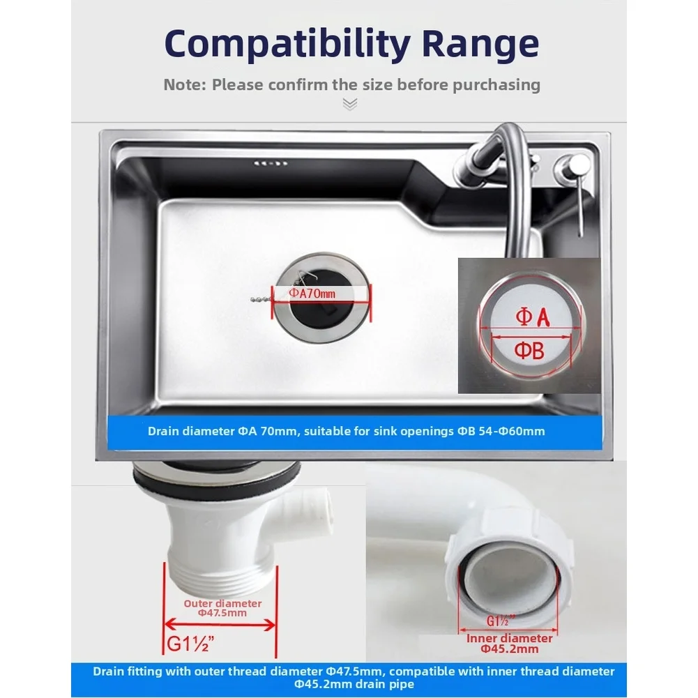 70mm Sink Drain Made of SUS304 Stainless Steel with Round Overflow and Pull Top Cover Operated by Stainless Steel Bead Chain view 3
