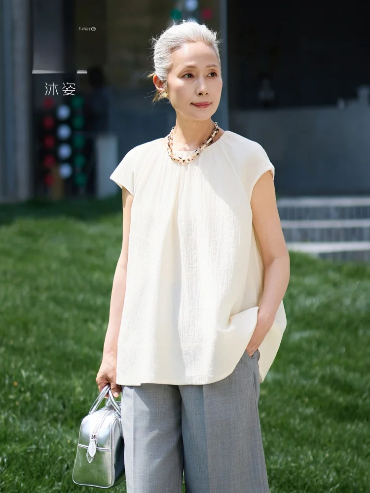 

Muzhi Silk Short Sleeve T-Shirt Thin Fashionable Loose Fit round Neck Pure Color Casual Wear for Middle-Aged And Elderly Women