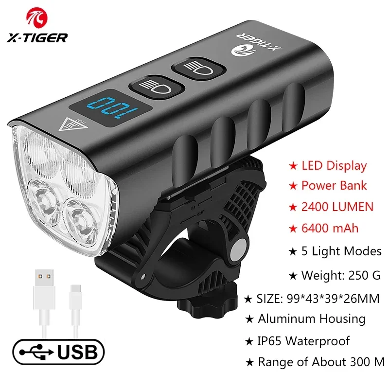 AliExpress X-TIGER Bike Front Light USB Rechargeable 2400LM Super Bright Cycling Headlight Aluminum Ultra Light Flashlight MTB Bike Lamp