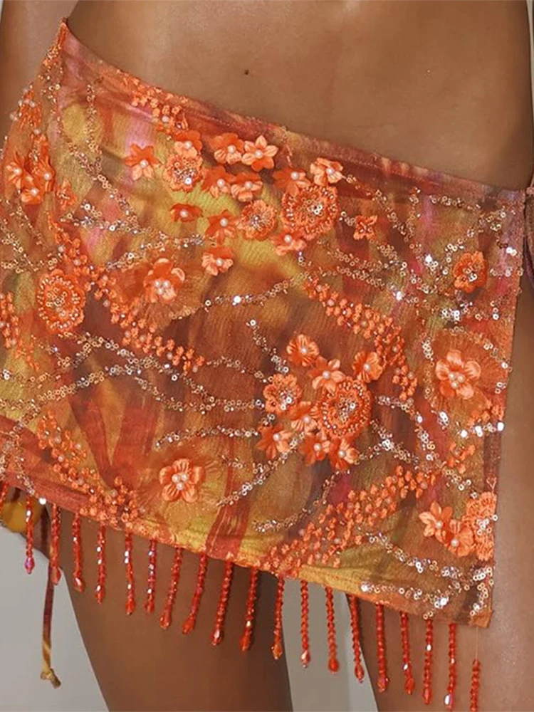 

Tassels Sequins Bead Embroidery Mini Skirt Sets Women Lace Up Flower Split High Waist Vacation Skirts 2025 Summer Fashion Street