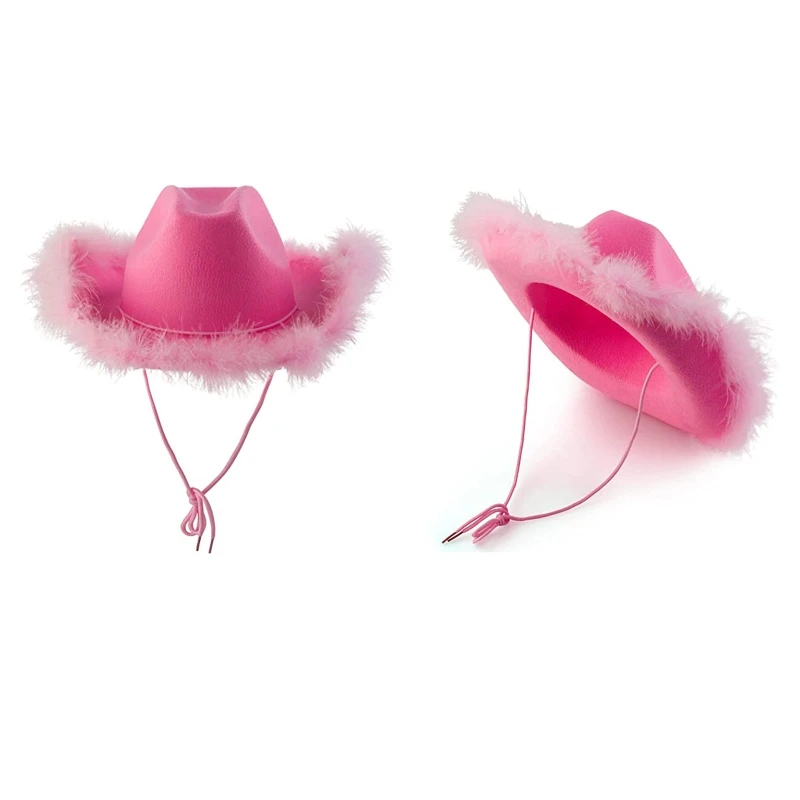 All-match Fluffy Feather Brim Cowboy Hat Pink Cowgirl Hat for Mardi Gras Rave M6CD