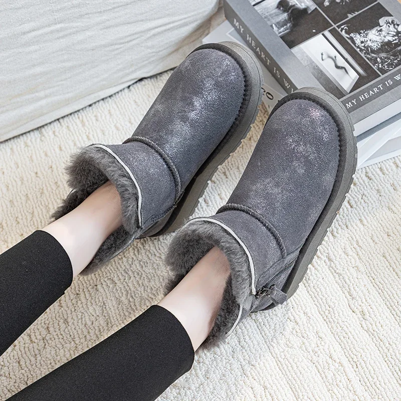 

Women Short Plush Warm Snow Boots Casual Shoes 2025 Winter New Suede Fur Chelsea Ankle Boots Flats Platform Ladies Shoes Botas