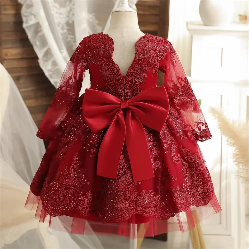 Backless Bow Baby Dresses for Girls 1-5Yrs Birthday Party Gown Toddler Kids Embroidery Flower Elegant Wedding Baptism Dresses